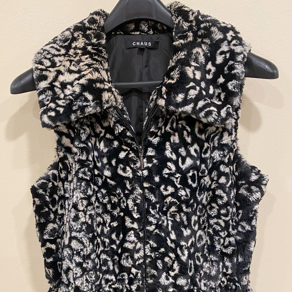 Faux Fur Vest Chaus Animal Print Black/ White Size Large Drawstring Waist Zip Up